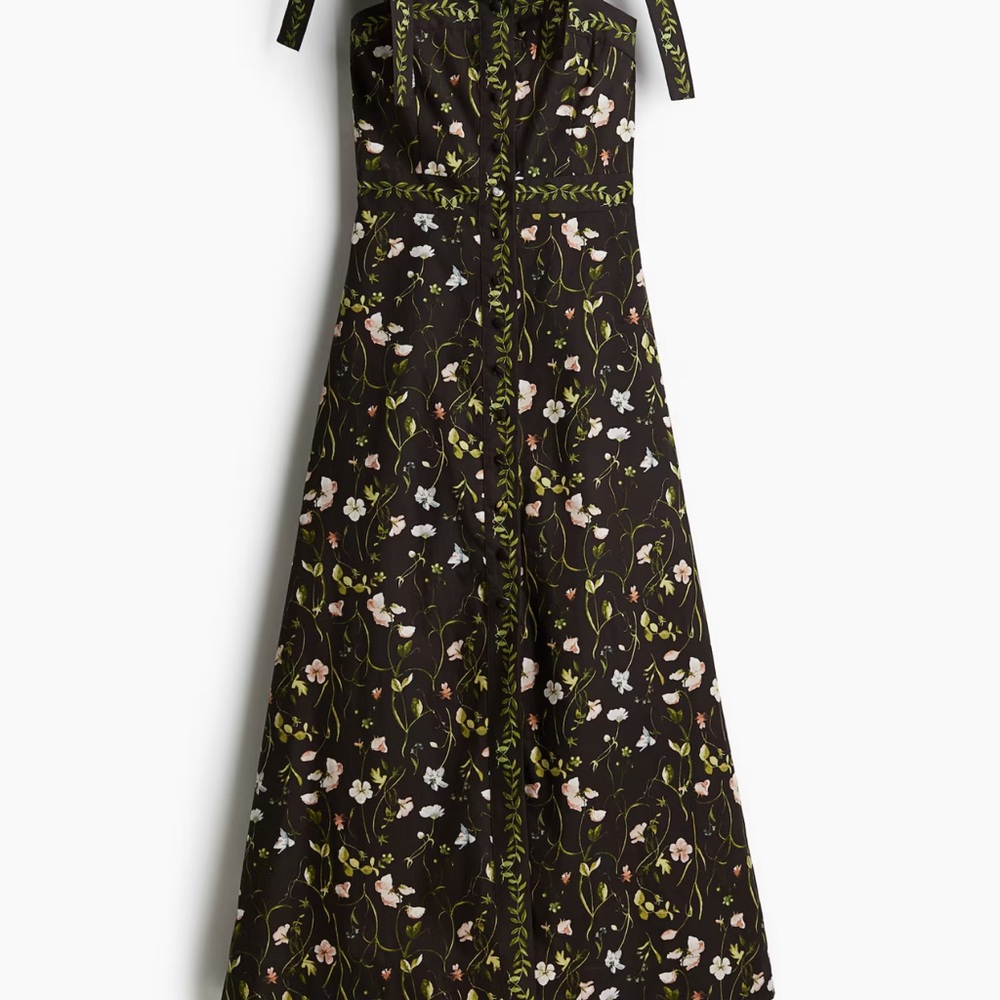 NWT H&M Black Floral Cotton Midi Dress Tie Straps A-Line XXS